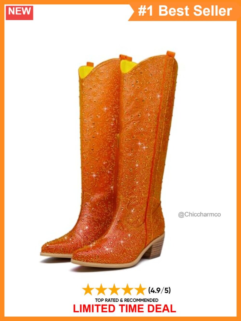 Rhinestone Western Cowboy Knee High Boots Pointed Toe Chunky Heel